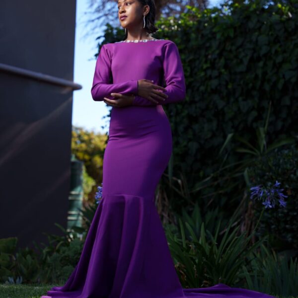 Purple mermaid dress with low back diamante detail